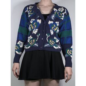 Vintage w/ Shoulder Pads Plaid & Floral Cardigan